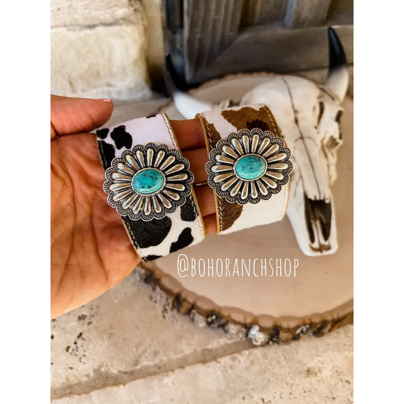 Cowhide Concho Bracelets Hair On Cowhide Genuine Leather Brown Grey Speckle - Picture 10 of 11